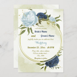 Invitación flores azules polvorientas verde hojas boda