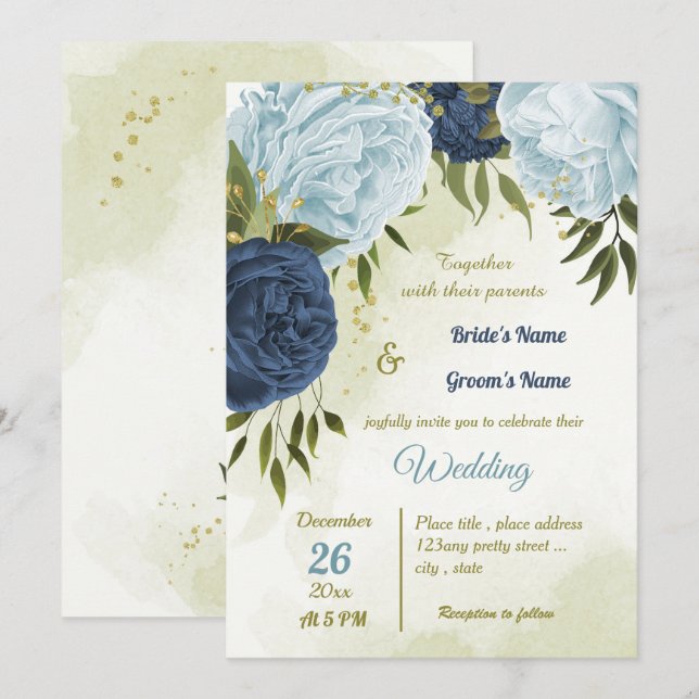 Invitación flores azules polvorientas verde hojas boda (Anverso / Reverso)