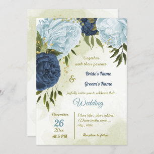Invitación flores azules polvorientas verde hojas boda