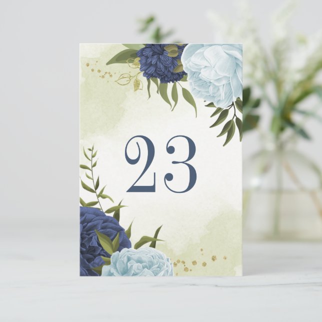 Invitación flores azules polvorientas verde hojas número de t (Anverso de pie)