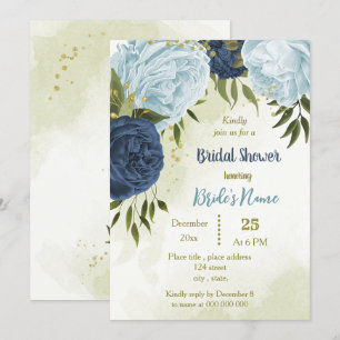 Invitación flores azules polvorientas verdes hojas de novia d