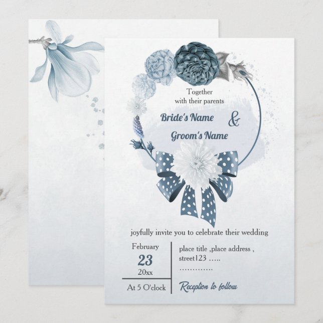 Invitación flores azules polvorientas y boda de guirnalda flo (Anverso / Reverso)