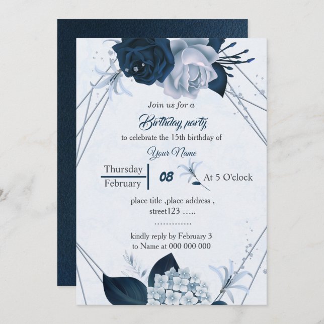 Invitación flores azules polvorientas y marinas cumpleaños ge (Anverso / Reverso)