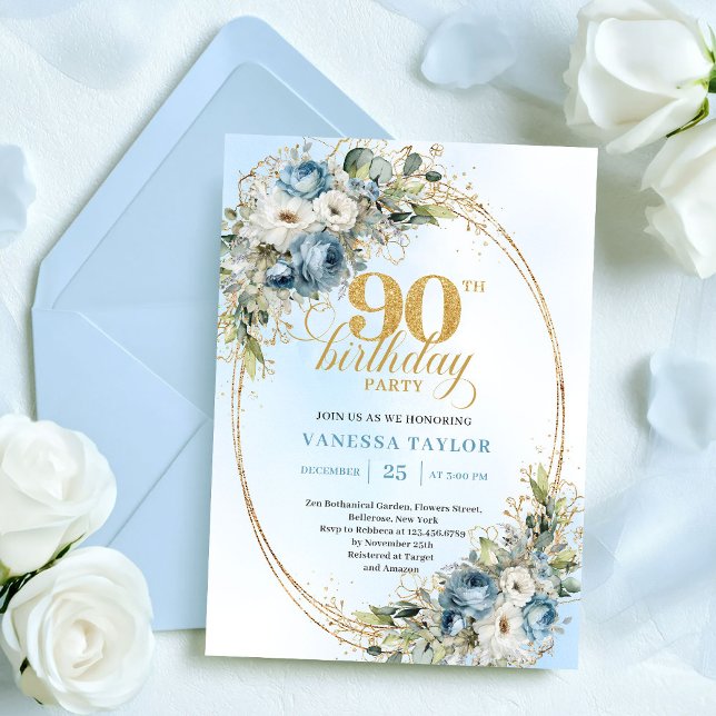 Invitación Flores Azules Polvorientos Boho Románticos Cumplea (Romantic Boho Dusty Blue Flowers 90th Birthday)