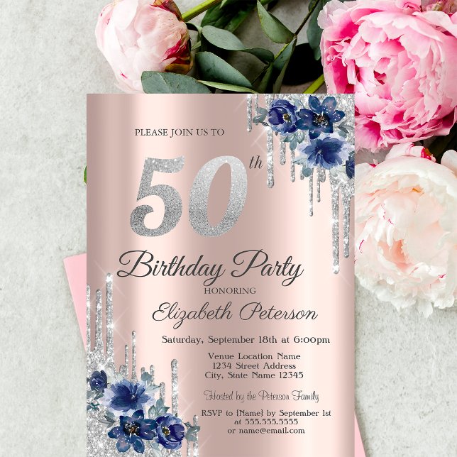 Invitación Flores azules Purpurinas goteo Rosa Oro 50 cumplea (Subido por el creador)