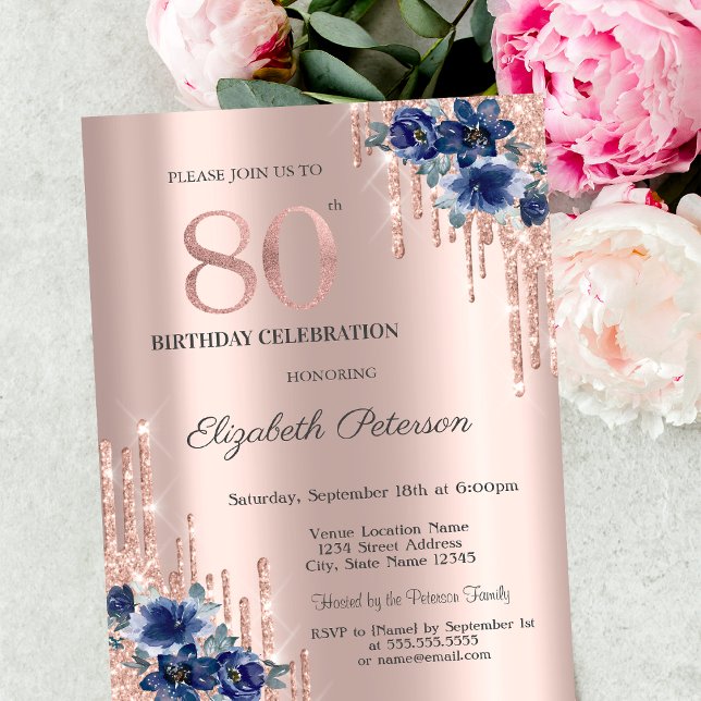 Invitación Flores azules Purpurinas goteo Rosa Oro 80 (Subido por el creador)