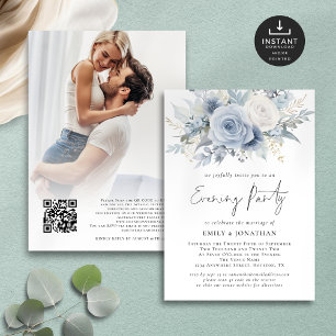 Invitación Flores azules QR Foto Boda Fiesta de la noche