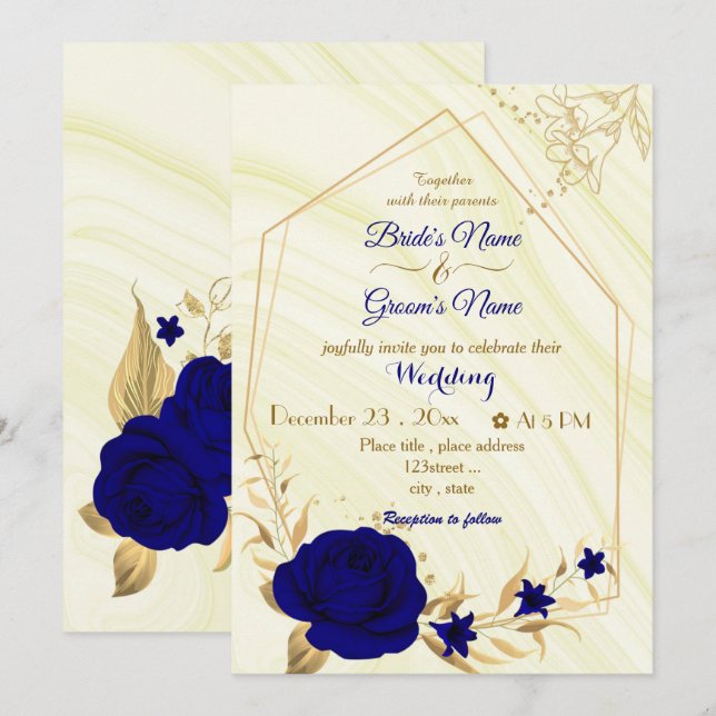 Invitación flores azules reales boda geométrico oro invitati (Anverso / Reverso)