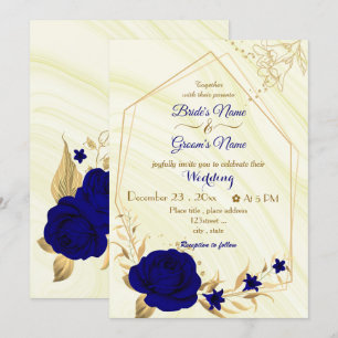 Invitación flores azules reales boda geométrico oro invitati