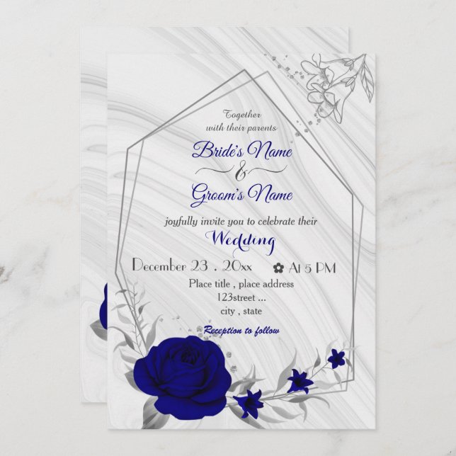 Invitación flores azules reales bodas geométricos de plata in (Anverso / Reverso)