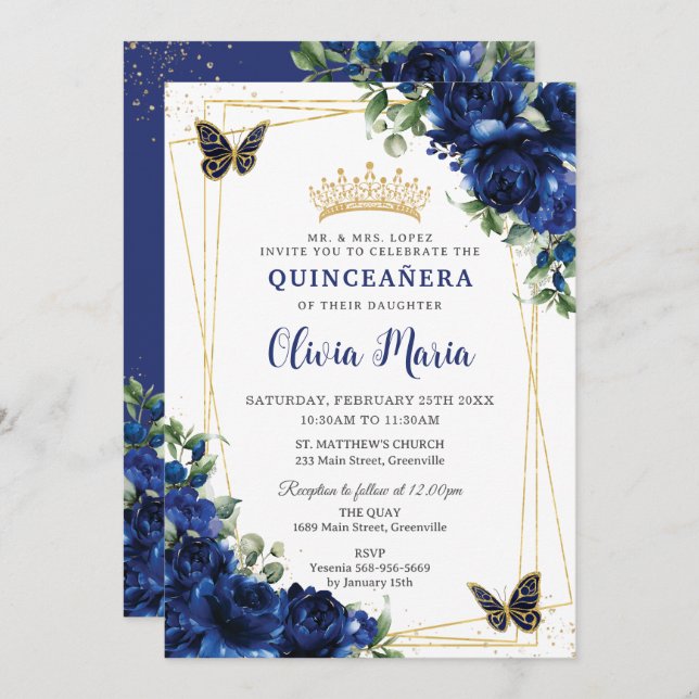 Invitación Flores azules reales Flores florales Quinceañera B (Anverso / Reverso)