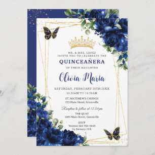 Invitación Flores azules reales Flores florales Quinceañera B