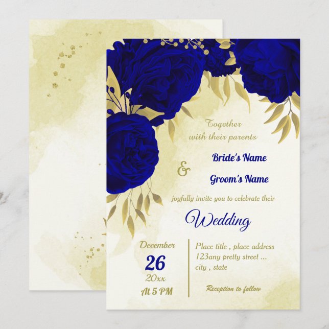 Invitación Flores azules reales hojas de oro boda (Anverso / Reverso)