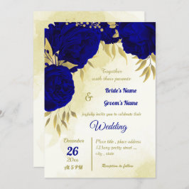 Invitación Flores azules reales hojas de oro boda