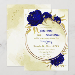 Invitación Flores azules reales hojas de oro boda