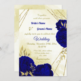 Invitación Flores azules reales hojas de oro boda