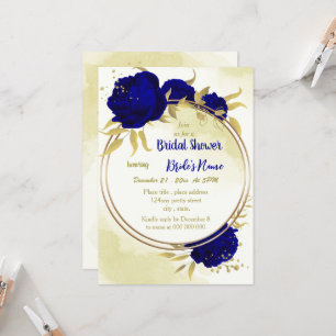 Invitación Flores azules reales hojas de oro ducha de novia