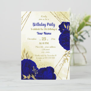 Invitación Flores azules reales, oro, cumpleaños