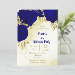 Invitación Flores azules reales, oro, cumpleaños