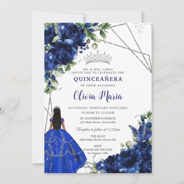 Invitación Flores azules reales Princesa Plata Quinceañera (Anverso)