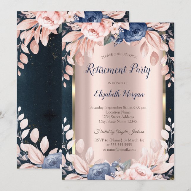 Invitación Flores azules, retiro azul oscuro en el marco (Anverso / Reverso)