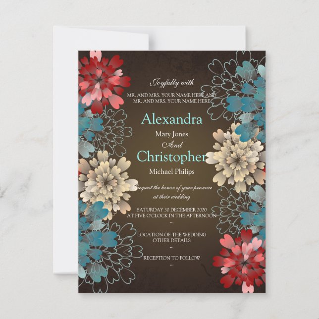 Invitación Flores azules rojas y crema Boda retro S2 (Anverso)