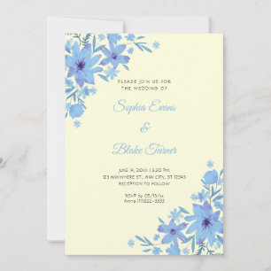 Invitación Flores Azules Románticas Florales Amarillas Boda