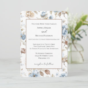 Invitación Flores Azules Románticas Hojas Marrones Boda Elega