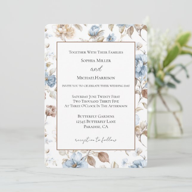 Invitación Flores Azules Románticas Hojas Marrones Boda Elega (Anverso de pie)