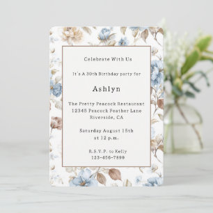 Invitación Flores Azules Románticas Hojas Marrones Cumpleaños