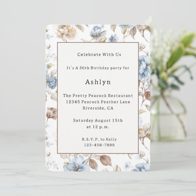 Invitación Flores Azules Románticas Hojas Marrones Cumpleaños (Anverso de pie)