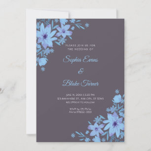 Invitación Flores Azules Románticas Humo Gris Boda Floral