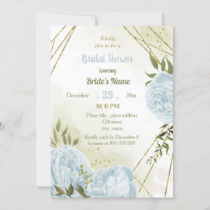Invitación flores azules románticas verde ducha de novia