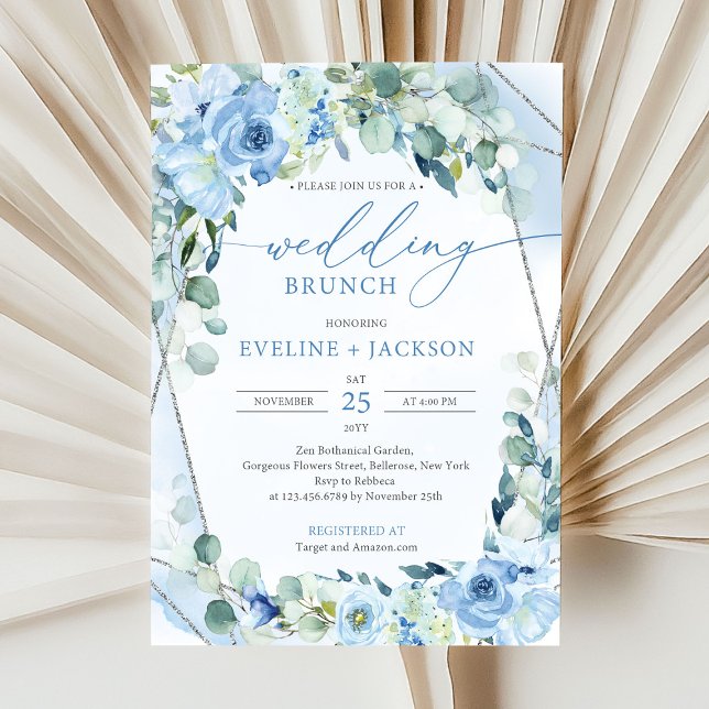 Invitación Flores azules románticas y eucalipto brunch boda (modern watercolor blue flowers mixed eucalyptus greenery and siver frame wedding brunch invitation )