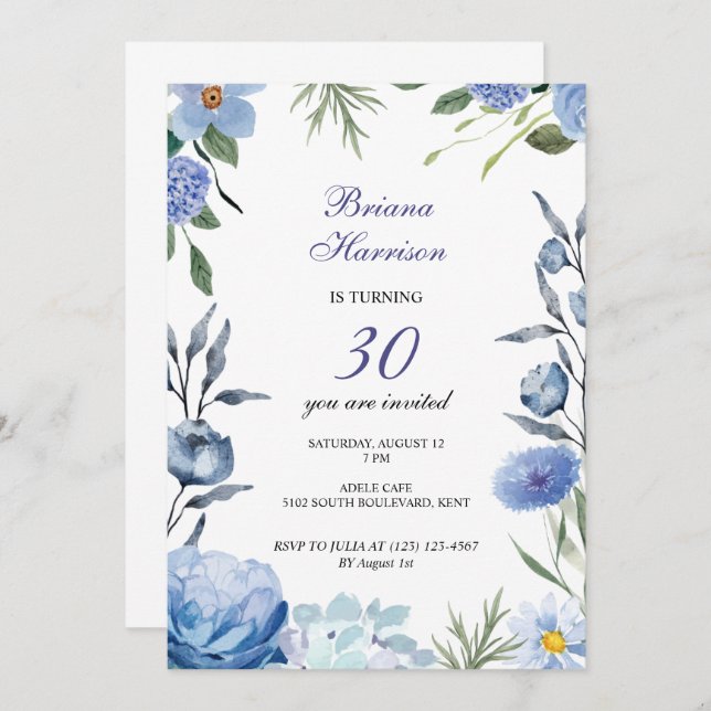 Invitación Flores azules, romántico, dulce cumpleaños (Anverso / Reverso)