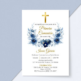 Invitación Flores azules rompen primera comunión en español