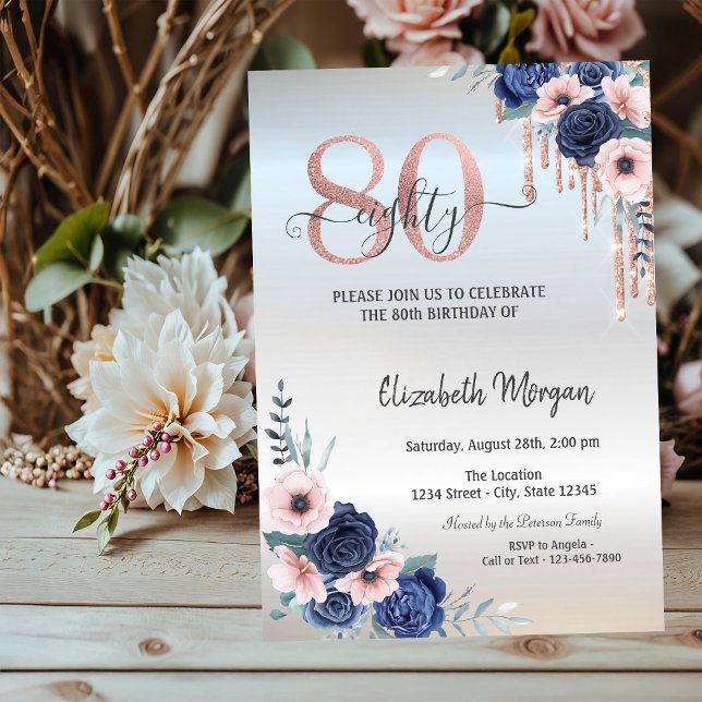 Invitación Flores Azules Rosa Dorado Gotea Plata Cumpleaños 8 (Subido por el creador)
