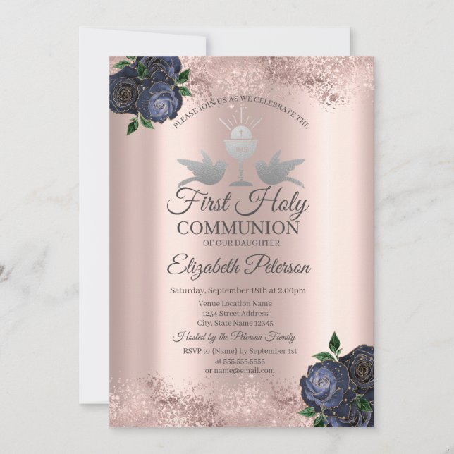 Invitación Flores Azules Rosa Oro Primera Comunión   (Anverso)