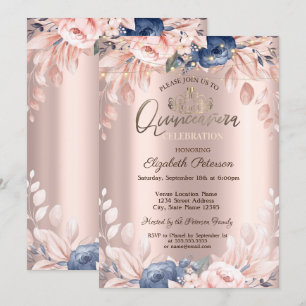 Invitación Flores azules Rosa Oro Quinceañera