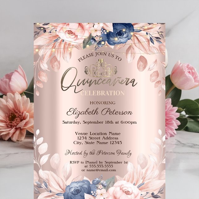 Invitación Flores azules Rosa Oro Quinceañera (Subido por el creador)