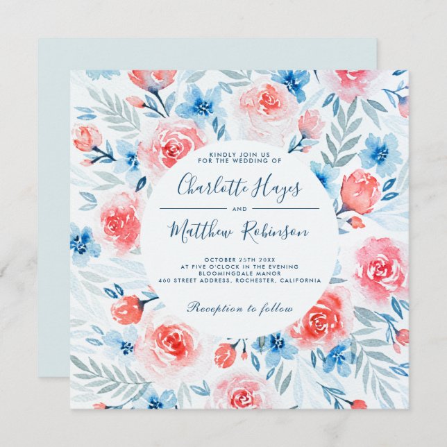 Invitación Flores azules rosadas florales Boda acuarela (Anverso / Reverso)