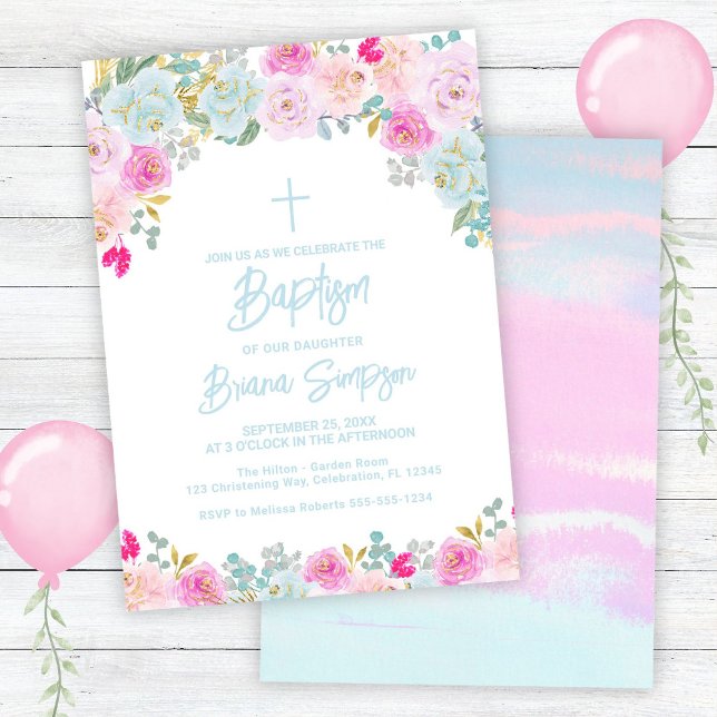 Invitación Flores Azules Rosadas Melocotón Moradas Bautizo Fl (Subido por el creador)