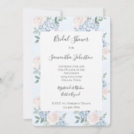 Invitación Flores azules rosadas románticas ducha de novia