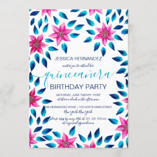 Invitación Flores azules rosas dejan pintura acrílica Quincea
