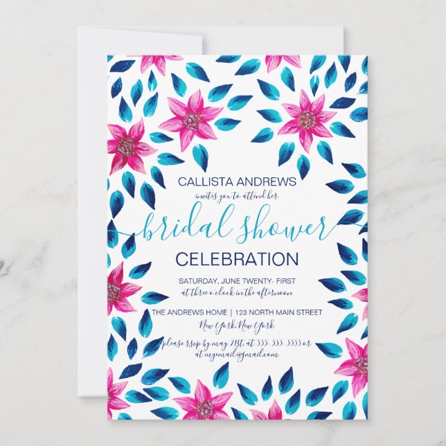Invitación Flores azules rosas hojas pintura acrílica ducha d (Anverso)