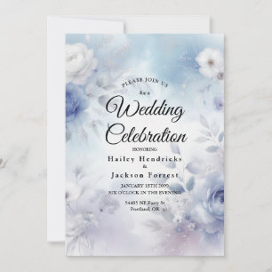 Invitación Flores azules suaves y Boda húmedo de lavanda