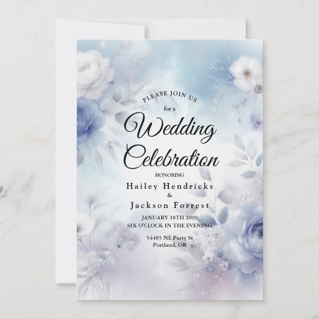 Invitación Flores azules suaves y Boda húmedo de lavanda (Anverso)