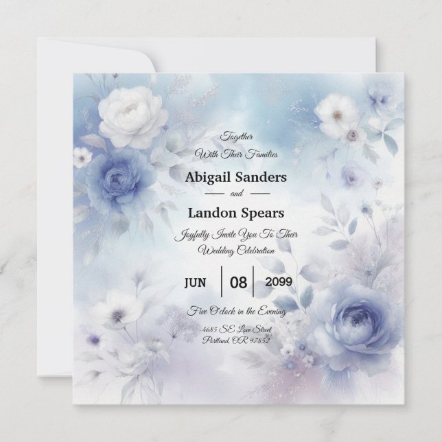 Invitación Flores azules suaves y Boda húmedo de lavanda (Anverso)