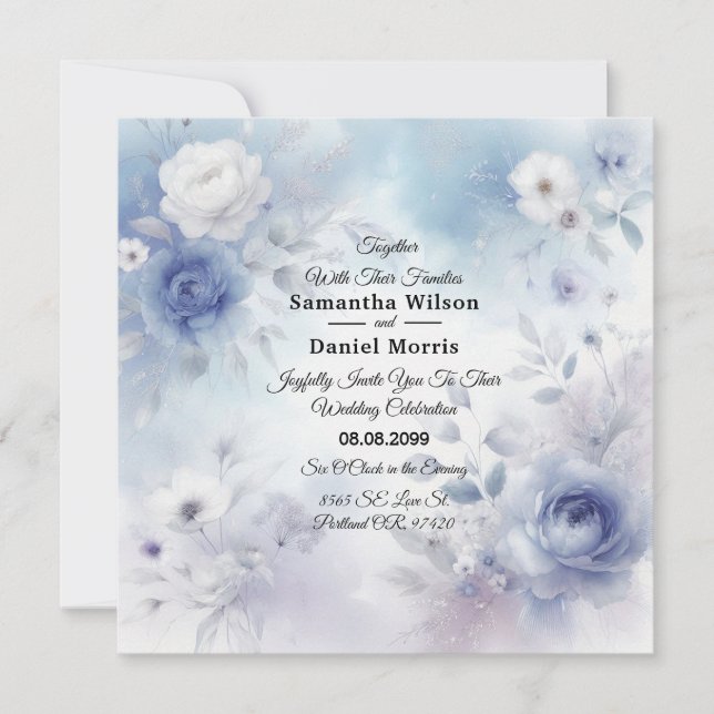 Invitación Flores azules suaves y Boda húmedo de lavanda (Anverso)