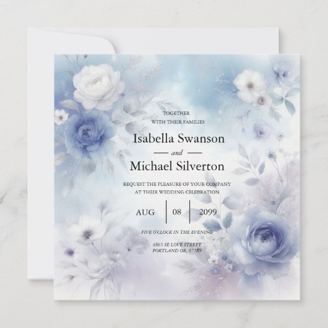 Invitación Flores azules suaves y Boda húmedo de lavanda (Anverso)